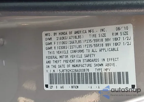 2011 Acura Rdx из США, поврежденный, VIN 5J8TB2H22BA000878